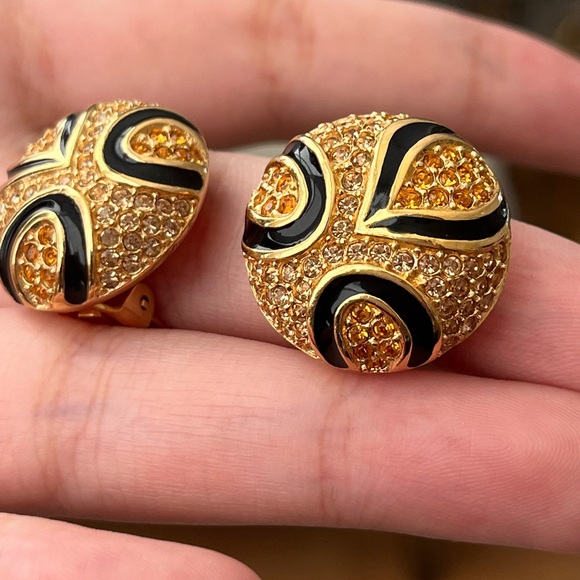 Vintage Christian Dior Yellow Rhinestone Arabesque Black Enamel Clip-On Earrings - Picture 8 of 10